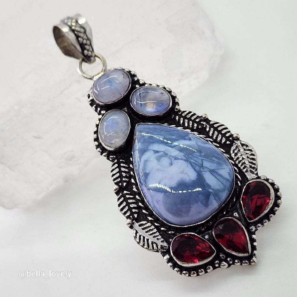 Floral Filigree Owyhee Opal Garnet Moonstone Ethnic Handmade Pendant Jewelry